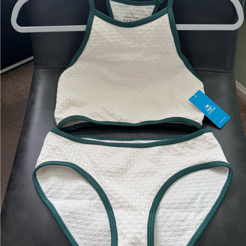 Cupshe White Bikini Set with green trim